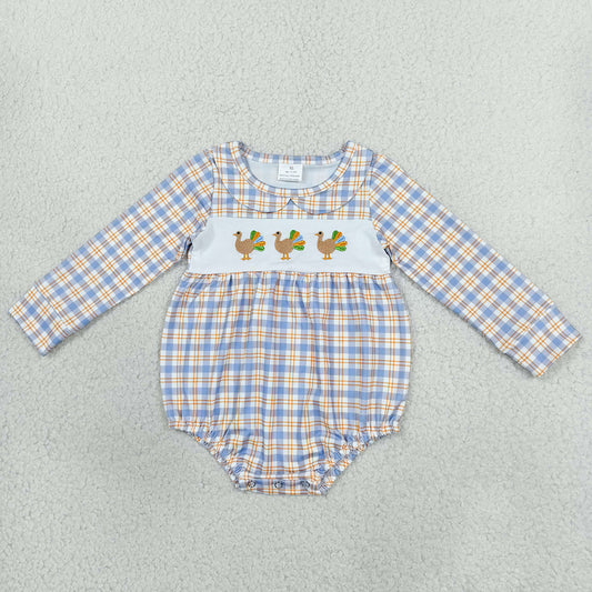 Baby Girls Rompers Embroidery Turkey Blue Checked Thanksgivings Rompers LR3132