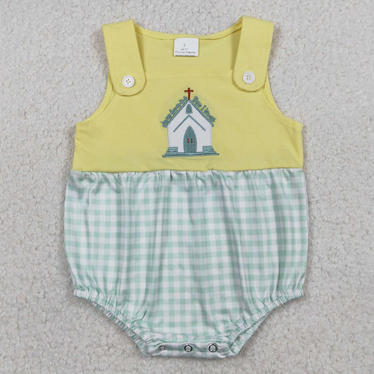 Baby Girls Rompers Embroidery Church Cross Flowers Checked Ruffle Rompers SR3704 1.5
