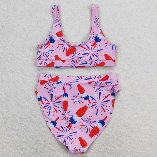 Adult Women Swimsuits Pink Popsicle 4th Of July Top Bottom Swimsuits Sets S0334