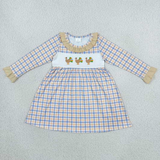 Baby Girls Dress Embroidery Turkey Blue Checked Thanksgivings Knee Length Dress GLD1667