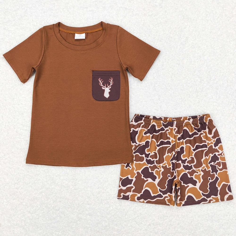 Baby Boys Clothes Brown Camo Deer Pocket Shirt Shorts Sets BSSO0302