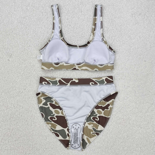 Adult Women Swimsuits Green Camouflage Top Bottom Bikini Swimsuits Sets S0476