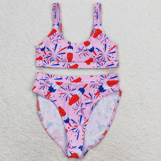 Adult Women Swimsuits Pink Popsicle 4th Of July Top Bottom Swimsuits Sets S0334