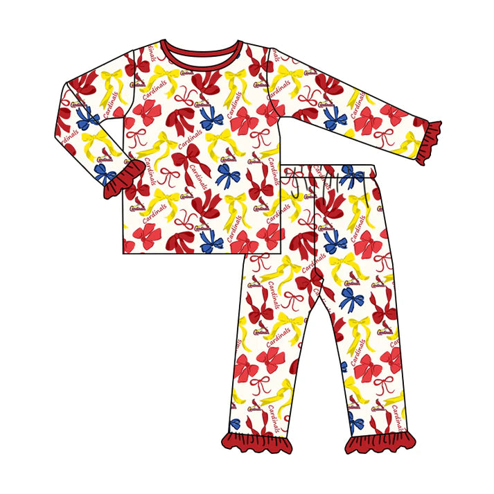 Preorder MOQ 5 Long sleeves bird red blue bow kids girls team pajamas 8.21