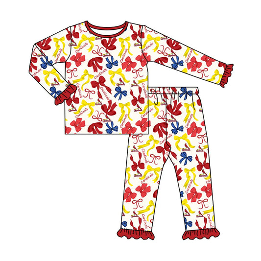 Preorder MOQ 5 Long sleeves bird red blue bow kids girls team pajamas 8.21