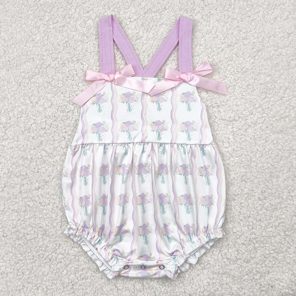 Baby Infant Girls Rompers Lavender Bows Strap Floral Stripe Ruffle Rompers SR2961 4.9