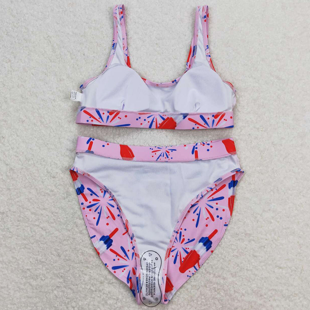 Adult Women Swimsuits Pink Popsicle 4th Of July Top Bottom Swimsuits Sets S0334