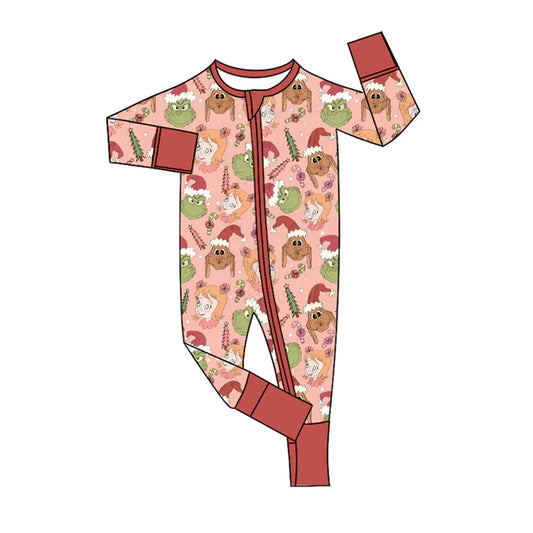Preorder(moq 5)Baby Girls Christmas Dogs Frogs Zipper Footie Rompers 8.7