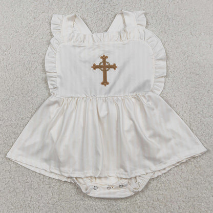 Baby Girls Rompers Embroidery Cross Strap Tunic Bummies Easter Ruffle Rompers SR3306