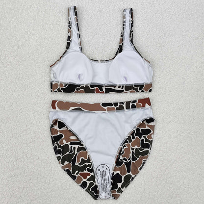 Adult Women Swimsuits Brown Camo Top Bottom Swimwear Sets S0480