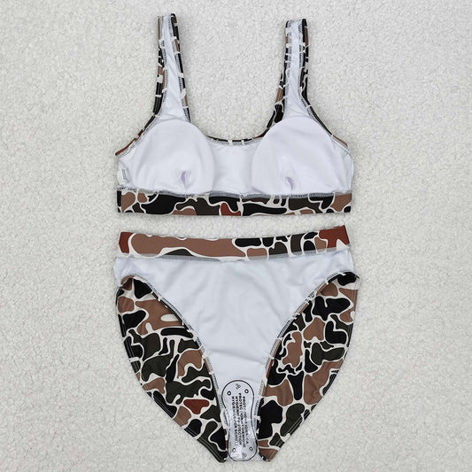 Adult Women Swimsuits Brown Camo Top Bottom Swimwear Sets S0480