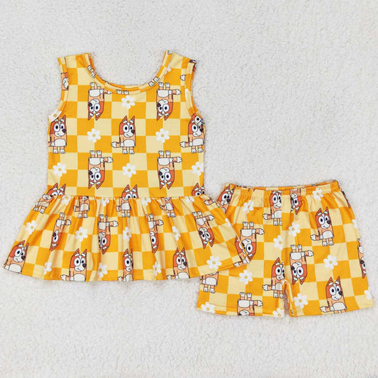 Baby Girls Clothes Orange Dogs Flowers Tunic Top Shorts Sets GSSO1249