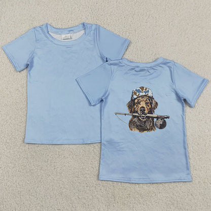 Baby Boys Clothes Blue Short Sleeve Dogs Fishing Hunting T-shirts Top BT1761