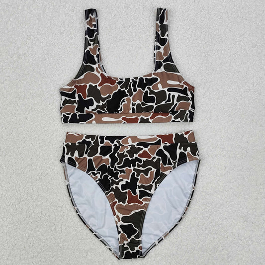 Adult Women Swimsuits Brown Camo Top Bottom Swimwear Sets S0480