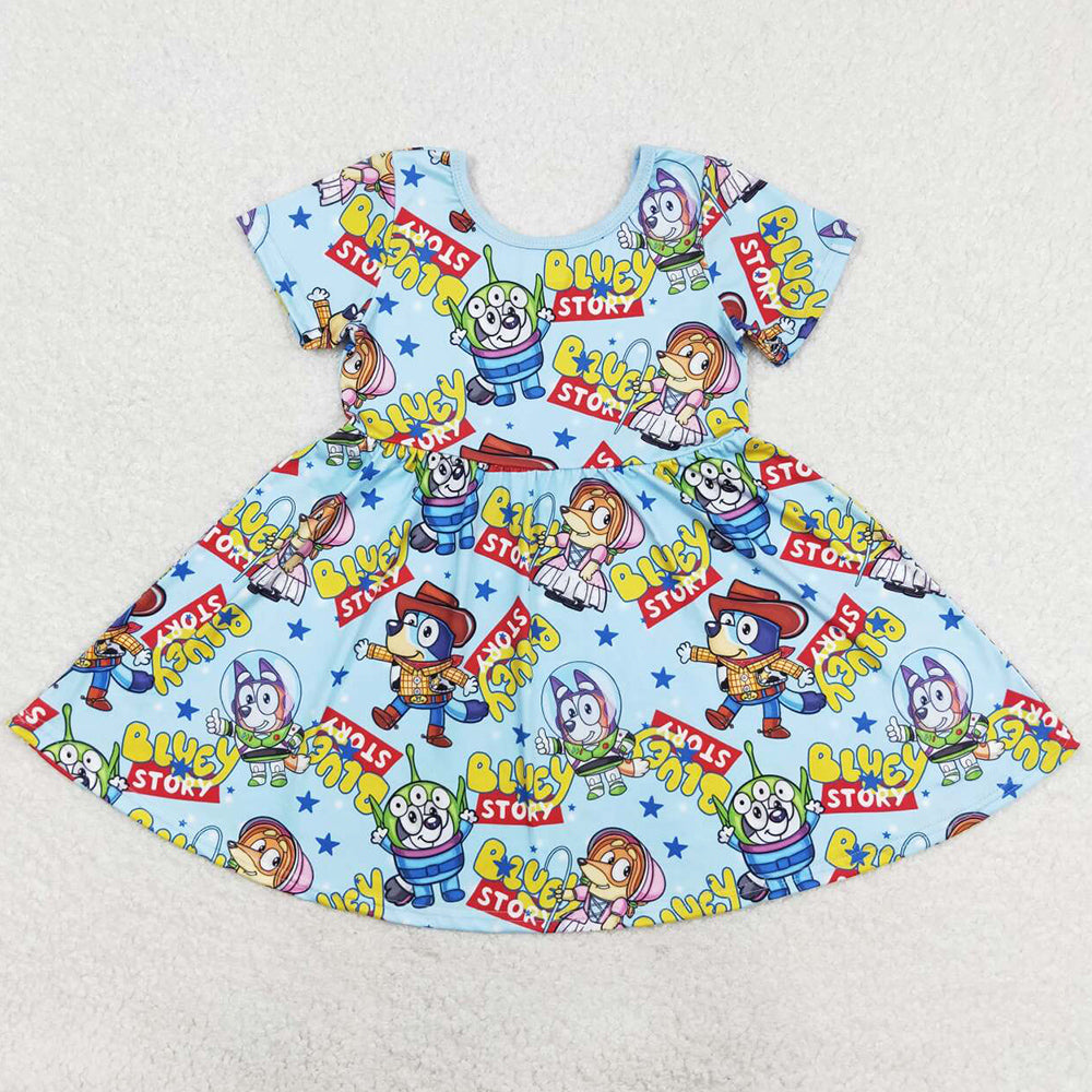 Baby Girls Dress Dogs Blue Short Sleeve Knee Length Dresses GSD1266