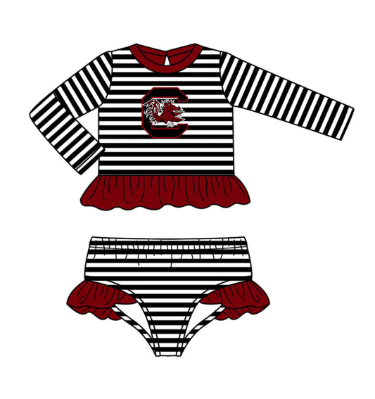 Preorder (moq 5)Baby Girls Black Stripe Red Bulls C Ruffle Top Bummies Team 2 Piece Swimsuits 12.25