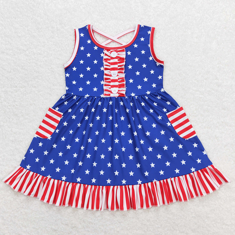 Baby Girls Dress Stars 4th of July Ruffle Summer Knee Length Dresses GSD0976