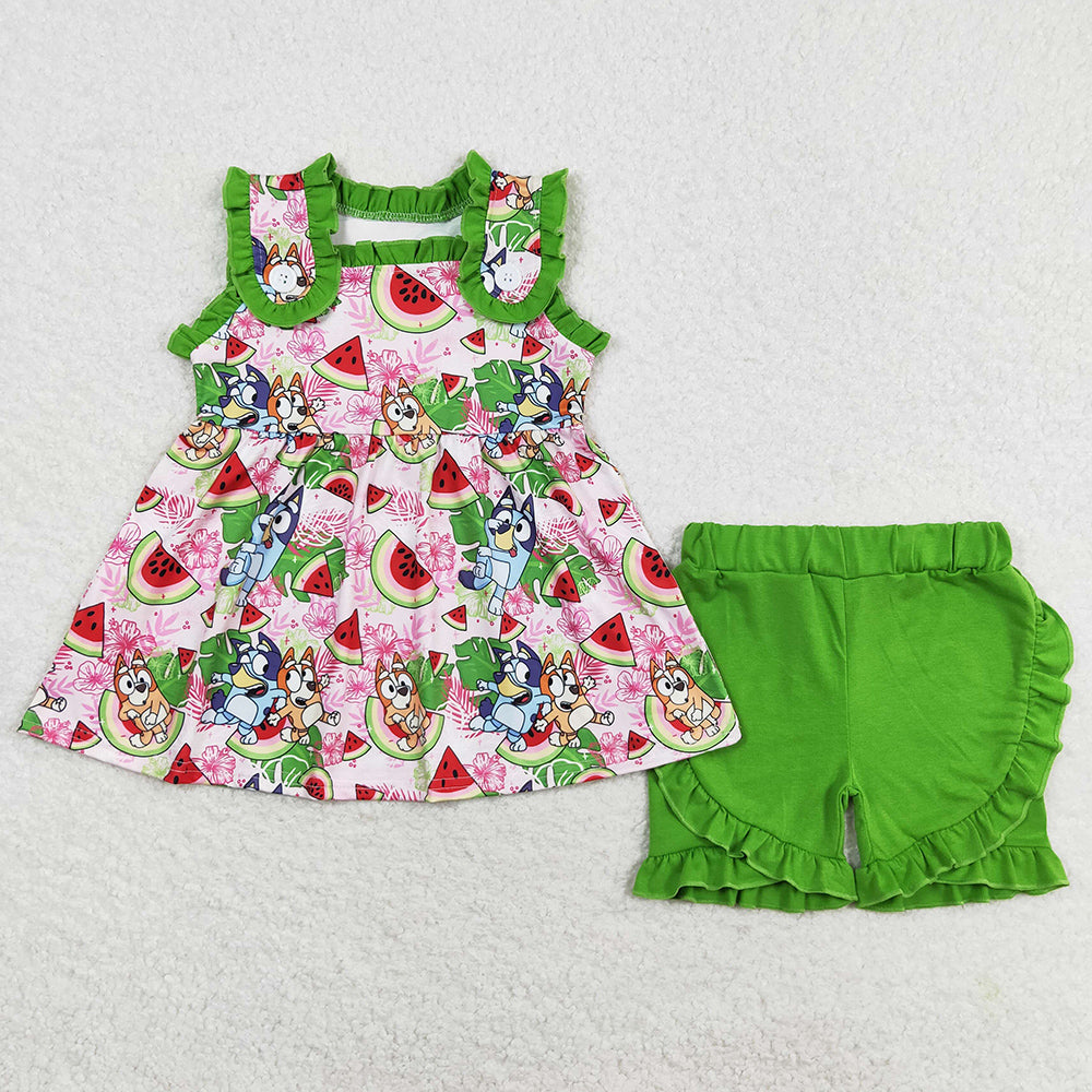 Baby Girls Clothes Watermelon Dogs Tunic Top Ruffle Shorts Sets GSSO0859