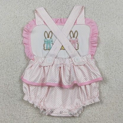 Baby Girls Clothes Embroidery Rabbits Strap Polka Dots Easter Ruffle Rompers SR3477