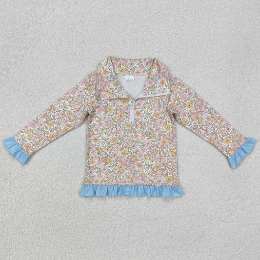 Baby Girls Clothes Tops Blue Pink Flowers Zip Long Sleeve Pullovers Tops GT0722