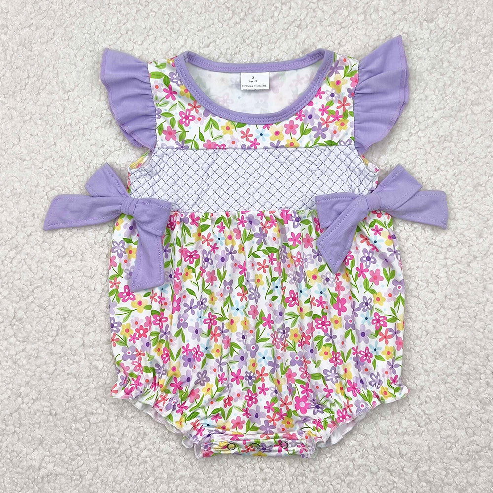 Embroidery Baby Girls Rompers Purple Flutter Sleeves Floral Bows Top Ruffle Rompers SR2928 4.9