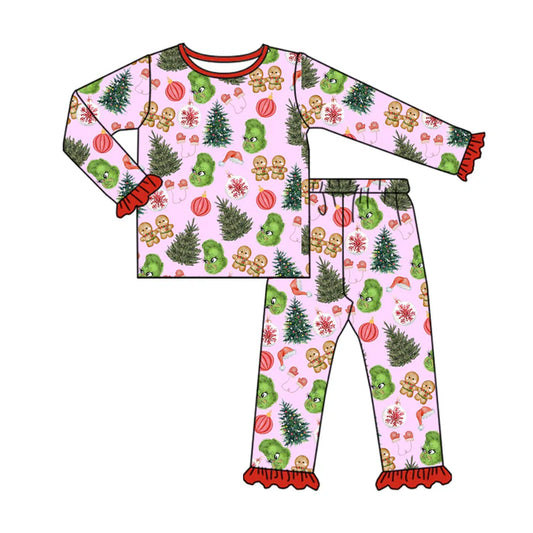 Preorder(moq 5) Baby Girls Christmas Trees Gingerbread Frogs Top Pants Lounge Wear Pajamas Sets 8.7