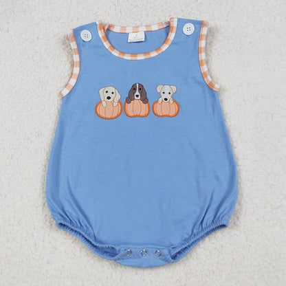 Baby Boys Rompers Embroidery Dogs Pumpkins Blue Sleeveless Fall Rompers SR3190 9.12