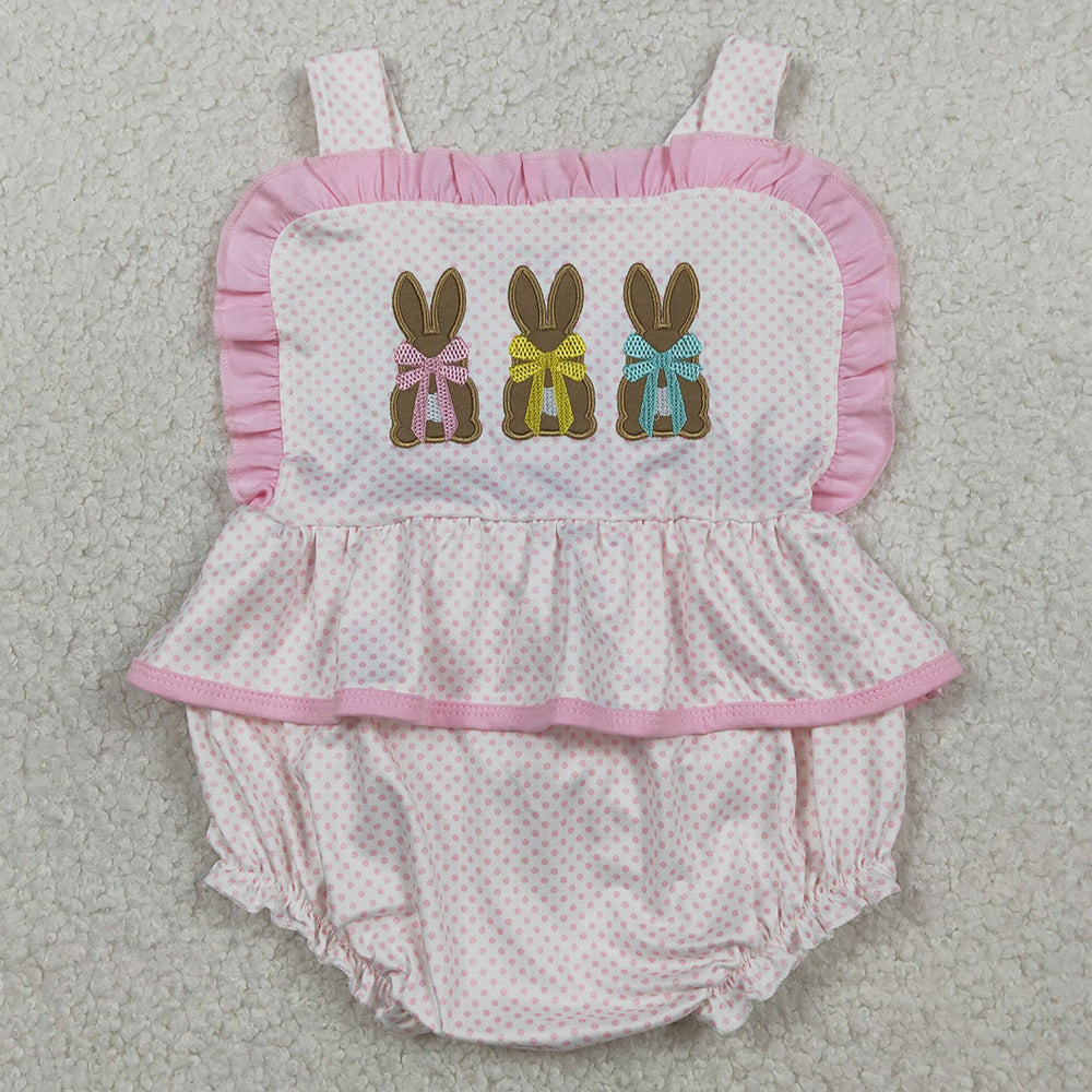 Baby Girls Clothes Embroidery Rabbits Strap Polka Dots Easter Ruffle Rompers SR3477