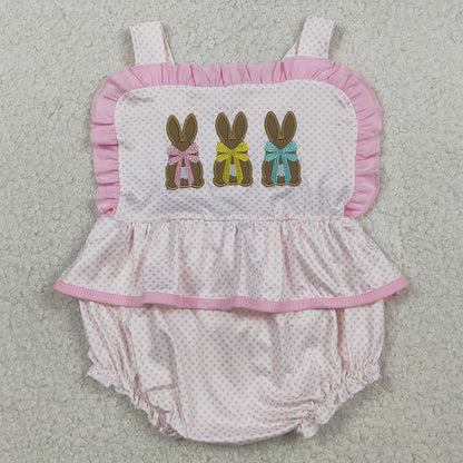 Baby Girls Clothes Embroidery Rabbits Strap Polka Dots Easter Ruffle Rompers SR3477