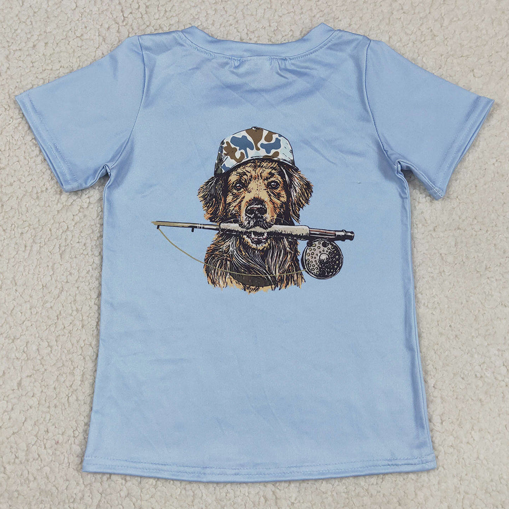 Baby Boys Clothes Blue Short Sleeve Dogs Fishing Hunting T-shirts Top BT1761