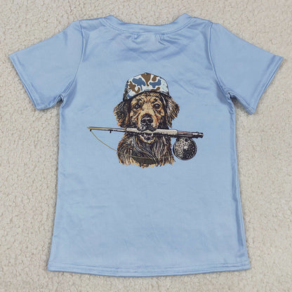 Baby Boys Clothes Blue Short Sleeve Dogs Fishing Hunting T-shirts Top BT1761