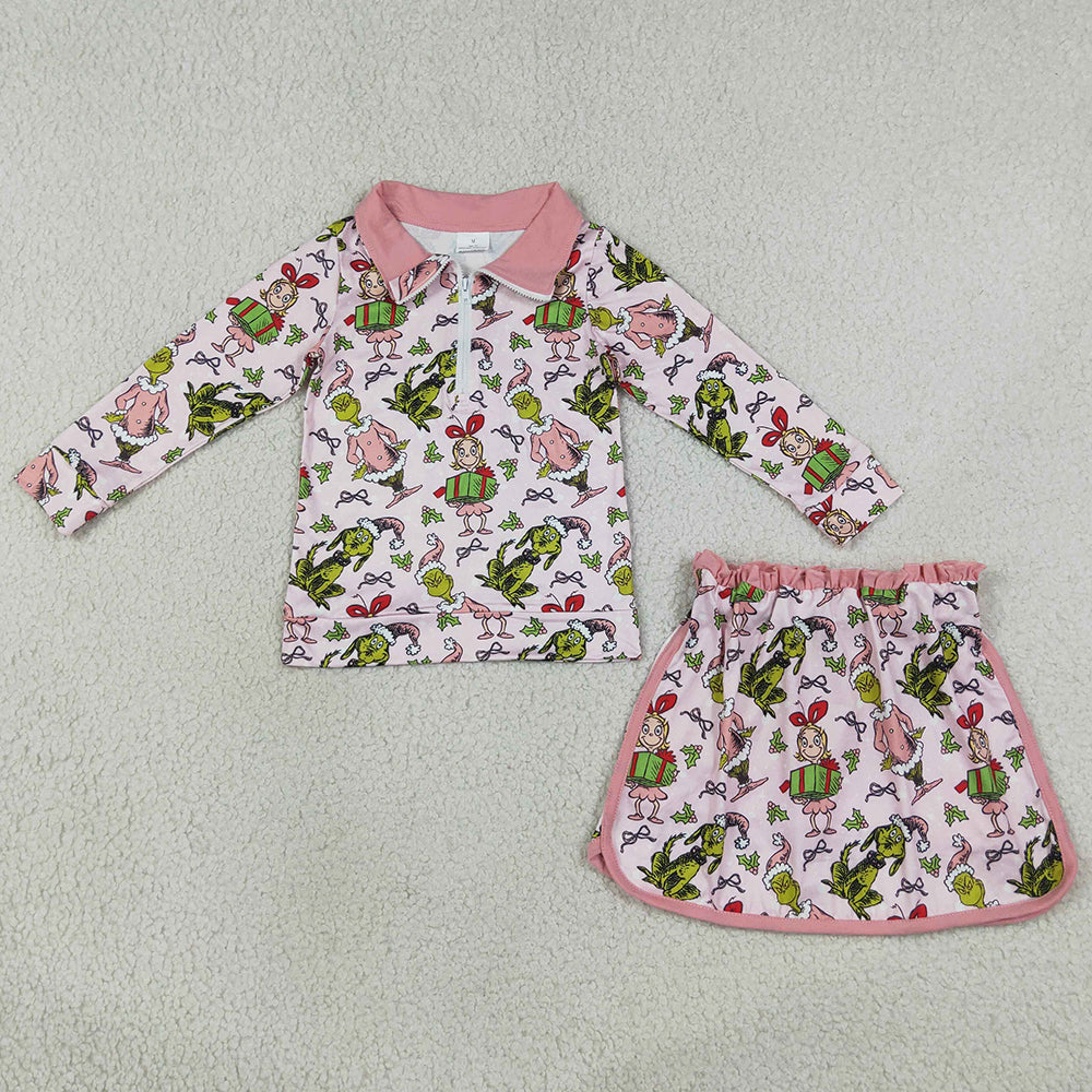 Baby Girls Clothes Pink Gifts Frogs Zip Top Skirt Short Christmas Clothes Sets GLD1610