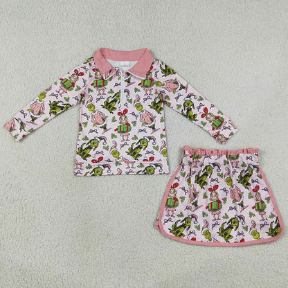 Baby Girls Clothes Pink Gifts Frogs Zip Top Skirt Short Christmas Clothes Sets GLD1610