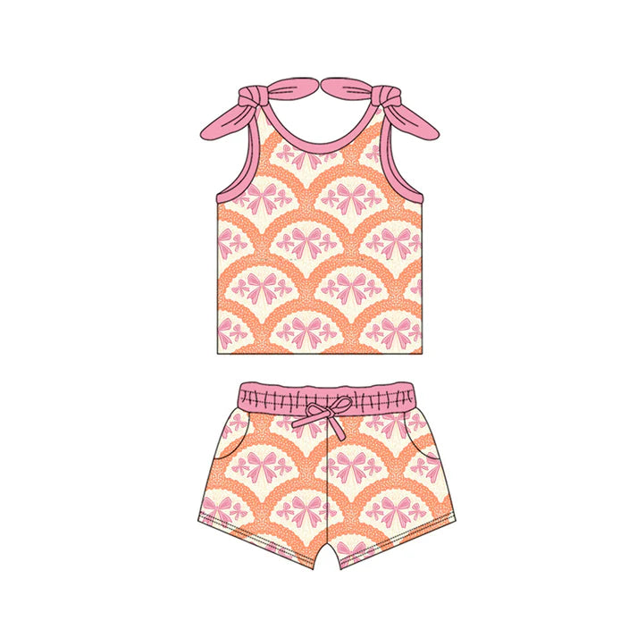 Preorder moq 5 Baby Girls Bows Sleeveless Bows Plaid Top Pockets Short Set 4.15