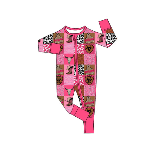 Preorder (moq 5)Baby Girls Pink Western Cow Zip Long Sleeves Rompers 6.9
