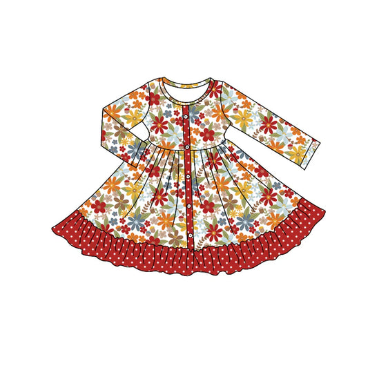 Preorder moq 5 Baby Girls Long Sleeves Red Yellow Flowers Button Ruffle Knee Length Dresses 5.7