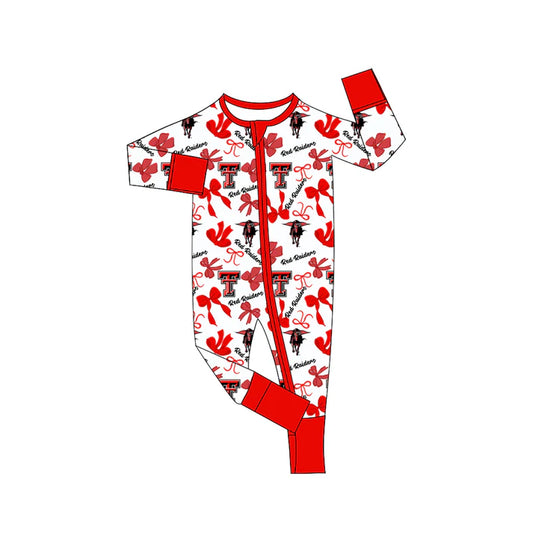 Preorder(moq 5)long sleeves red T bows baby team zip romper 8.27