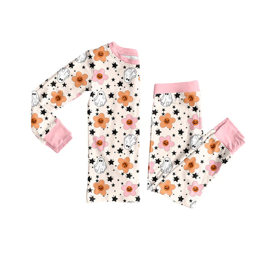 Preorder (moq 5)Baby Girls Ghost Flowers Top Pant Halloween Pajamas Set 8.5