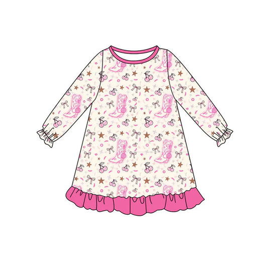 Preorder (moq 8)Baby Girls Pink Boots Cheers Ruffle Knee Length Dresses 9.8