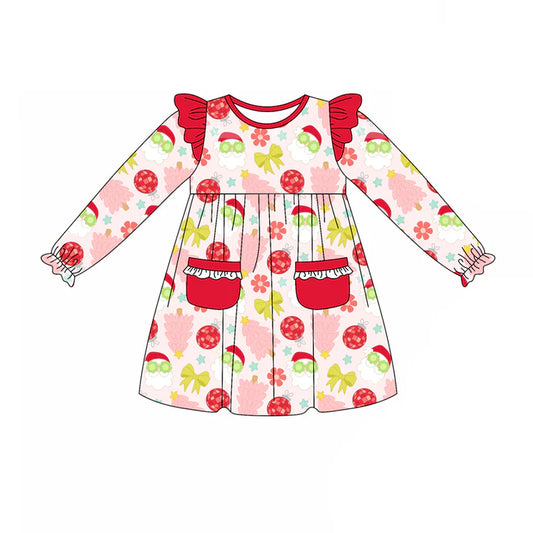Preorder (moq 5)Baby Girls Christmas Tree Santa Disco Pockets Ruffle Knee Length Dresses 8.12