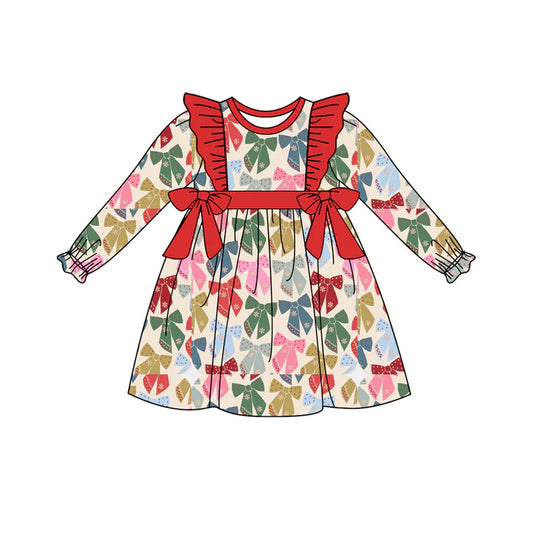Preorder (moq 5)Baby Girls Long Ruffle Sleeves Colorful Bows Plaid Knee Length Dresses 6.3