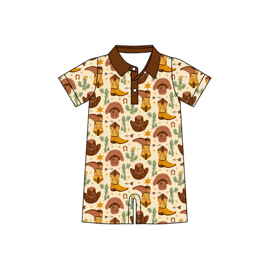 Preorder (moq 5)Baby Boys Short Sleeve Cactus Boots Button Shorts Western Rompers 10.31