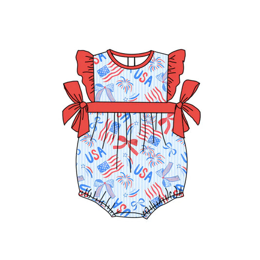 Preorder moq 5 Baby Girls Red Flutter Sleeves Flags Firework 4th Of July Ruffle Rompers 4.17