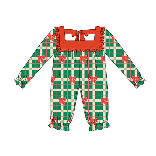 Preorder (moq 5)Baby Girls Long Ruffle Sleeves Green Plaid Red Bows Rompers 5.17