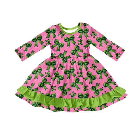 Preorder(moq 5) Baby Girls Long Sleeves Green Bows Plaid Ruffle Knee Length Dresses 7.24