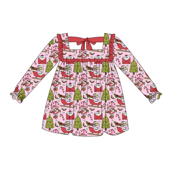 Preorder (moq 5)Baby Girls Pink Long Ruffle Sleeves Candy Cane Trees Knee Length Dresses 6.2