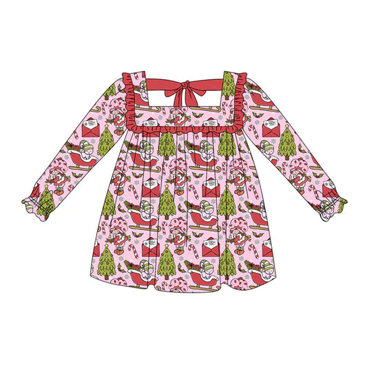 Preorder (moq 5)Baby Girls Pink Long Ruffle Sleeves Candy Cane Trees Knee Length Dresses 6.2