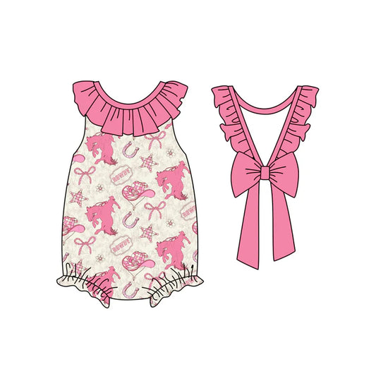 Preorder(moq 5)Baby Infant Girls Pink Sleeveless Horse Rodeos Backless Bow Ruffle Rompers 5.15