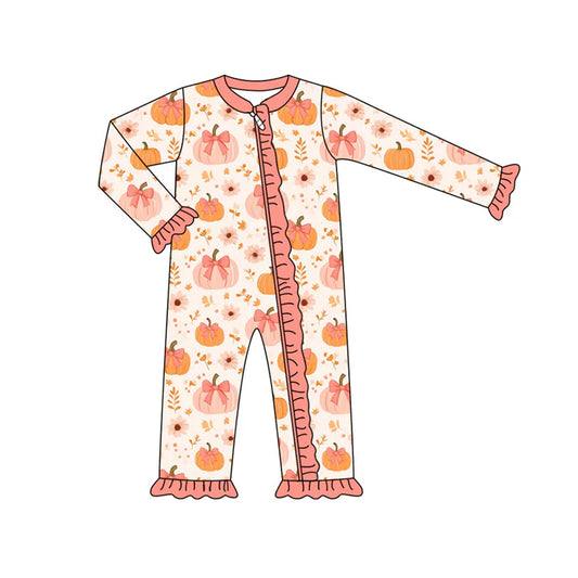 Preorder (moq 5)Baby Girls Long Sleeves Bows Pumpkins Flowers Ruffle Zipper Romper 7.4