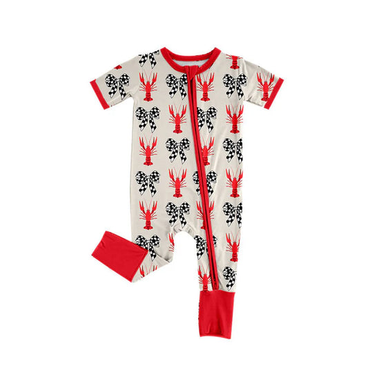 Preorder(moq 8)Baby Boys Black Checked Bows Crayfishes Zipper Footie Rompers 9.30